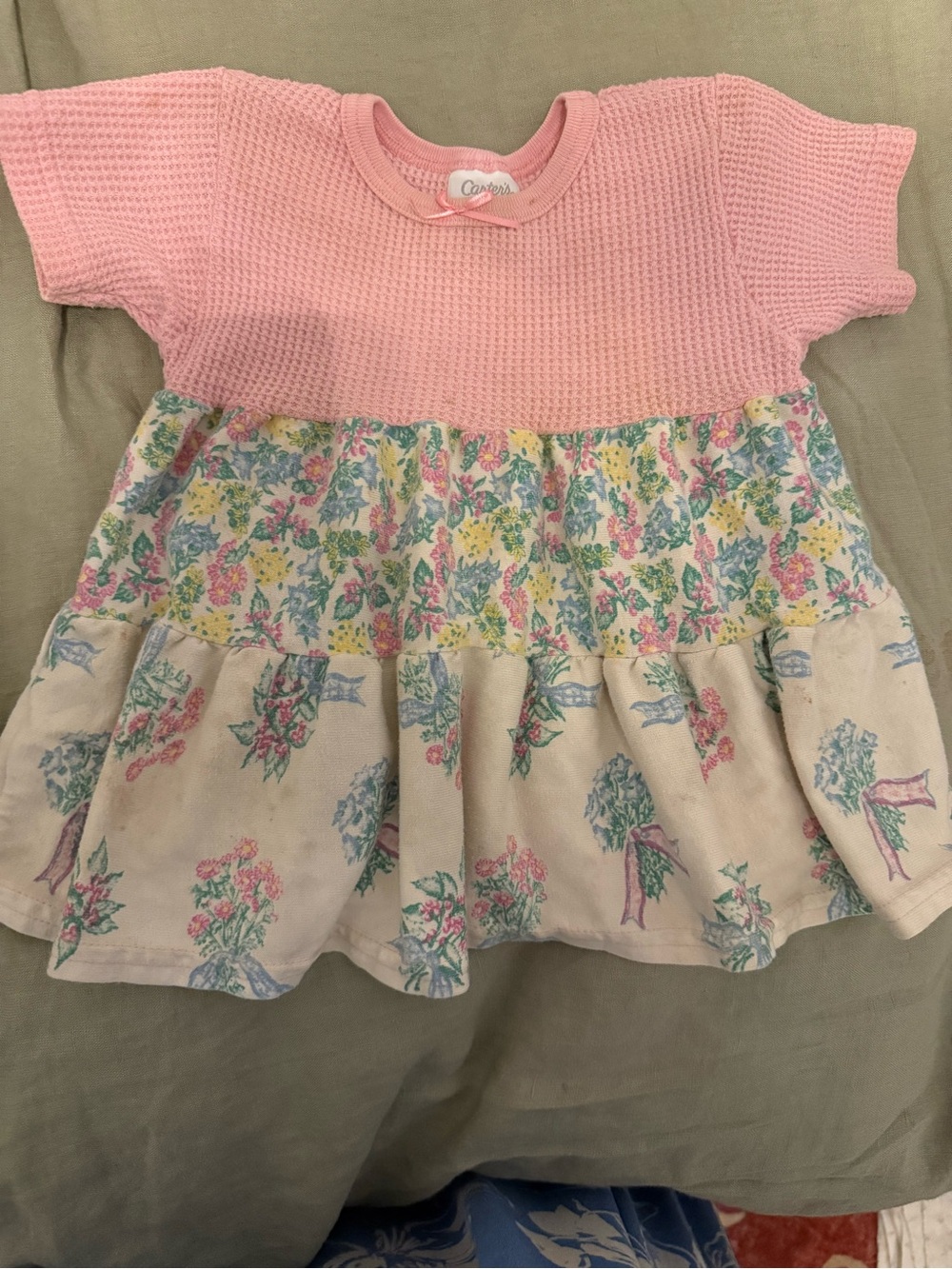 Vintage 1990s Carter's Pink Waffle-Knit dress with Floral Tiered Skirt